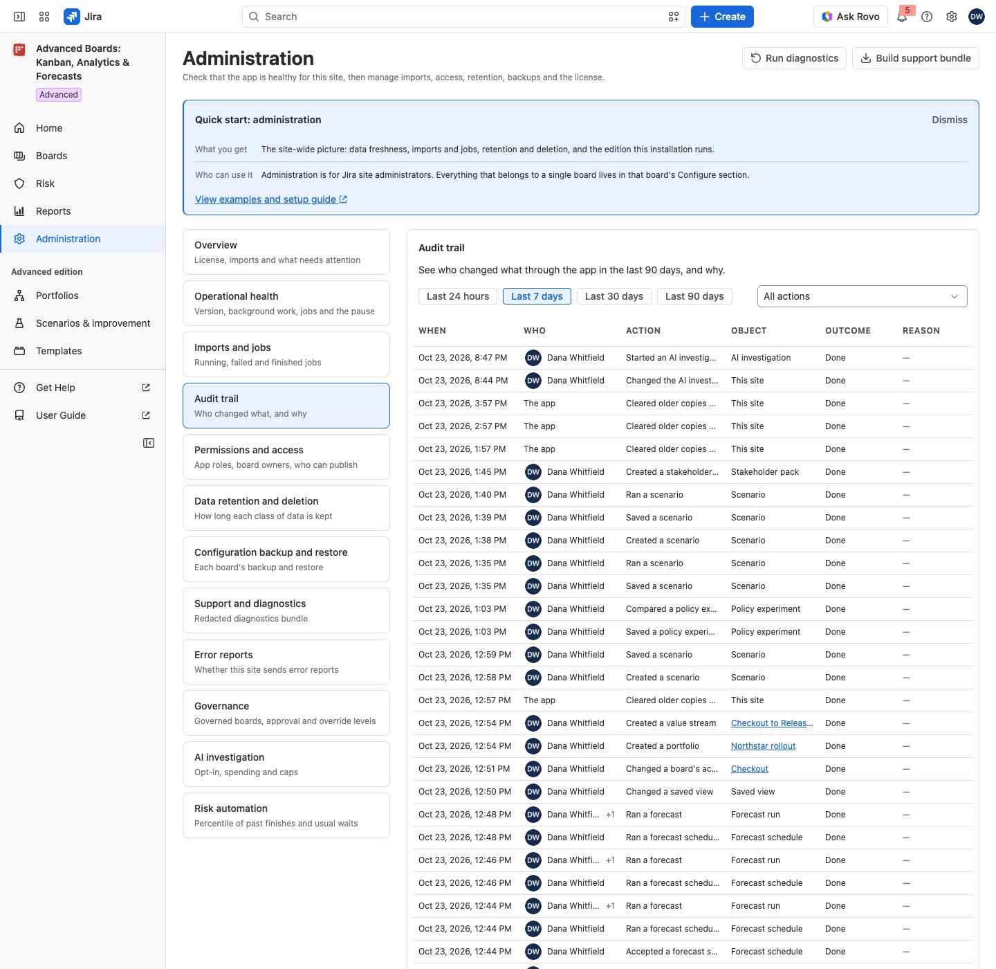 The audit trail table with a period and an action filter above it.