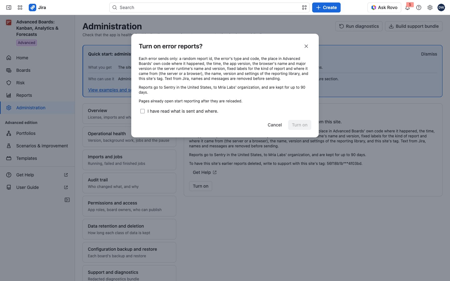 A dialog for turning on error reports with an acknowledgment checkbox.