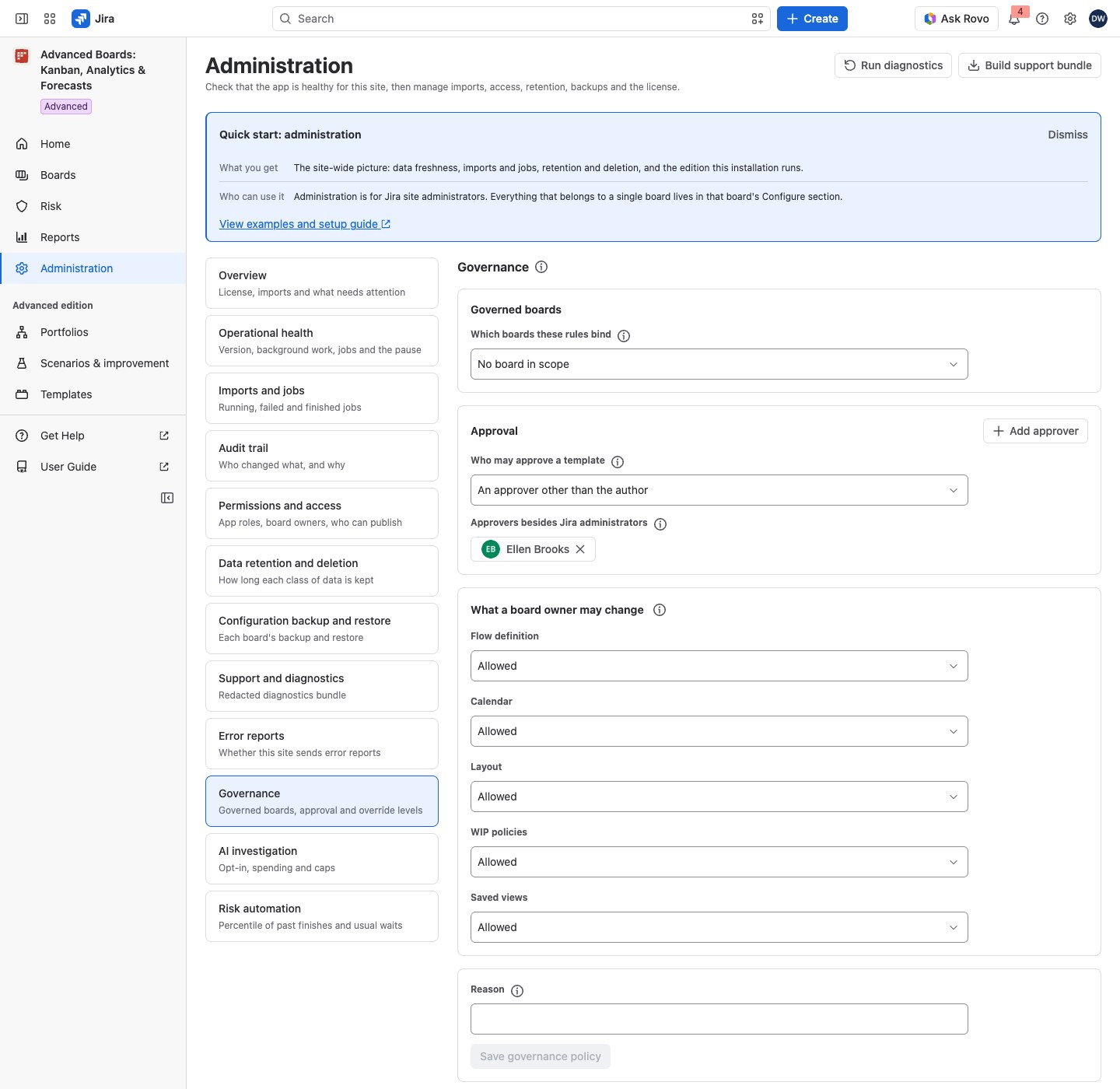 The Governance page with its scope, approval and override cards.