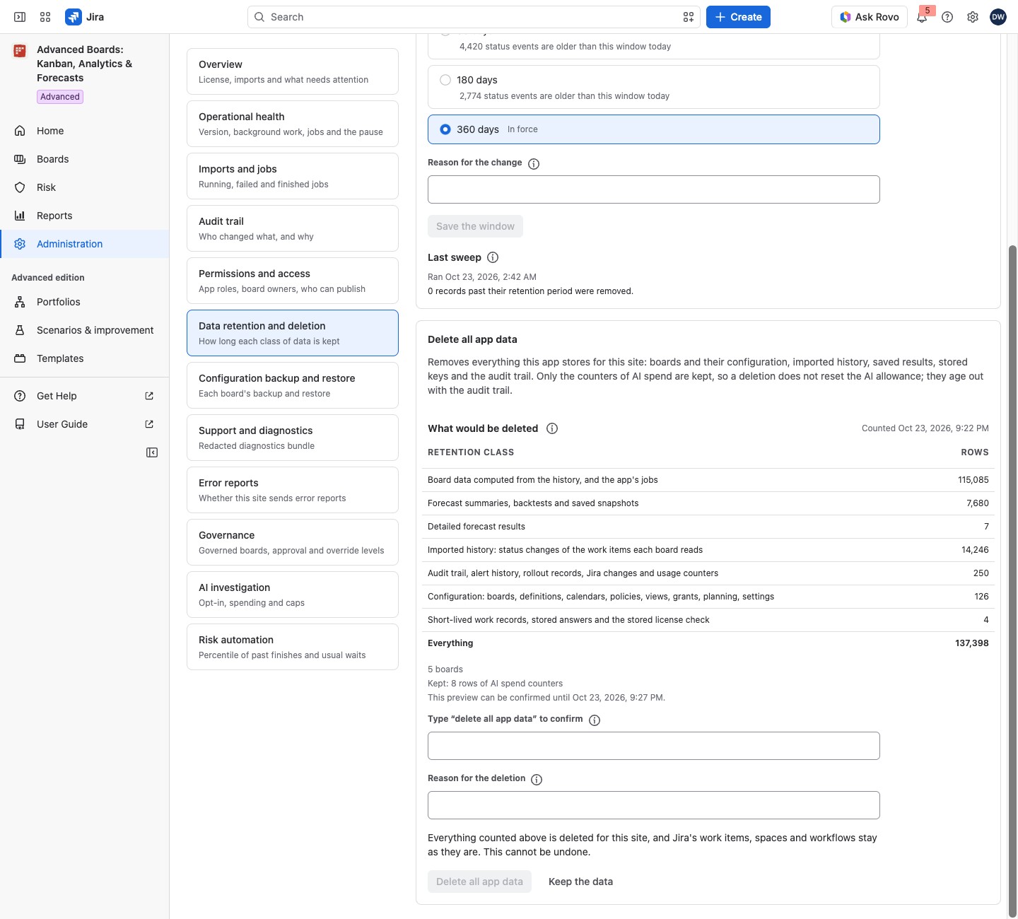 A preview table of rows per retention class with the confirmation phrase field.