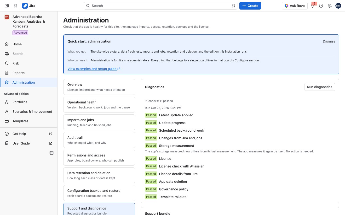 A diagnostics result listing checks with their outcomes.