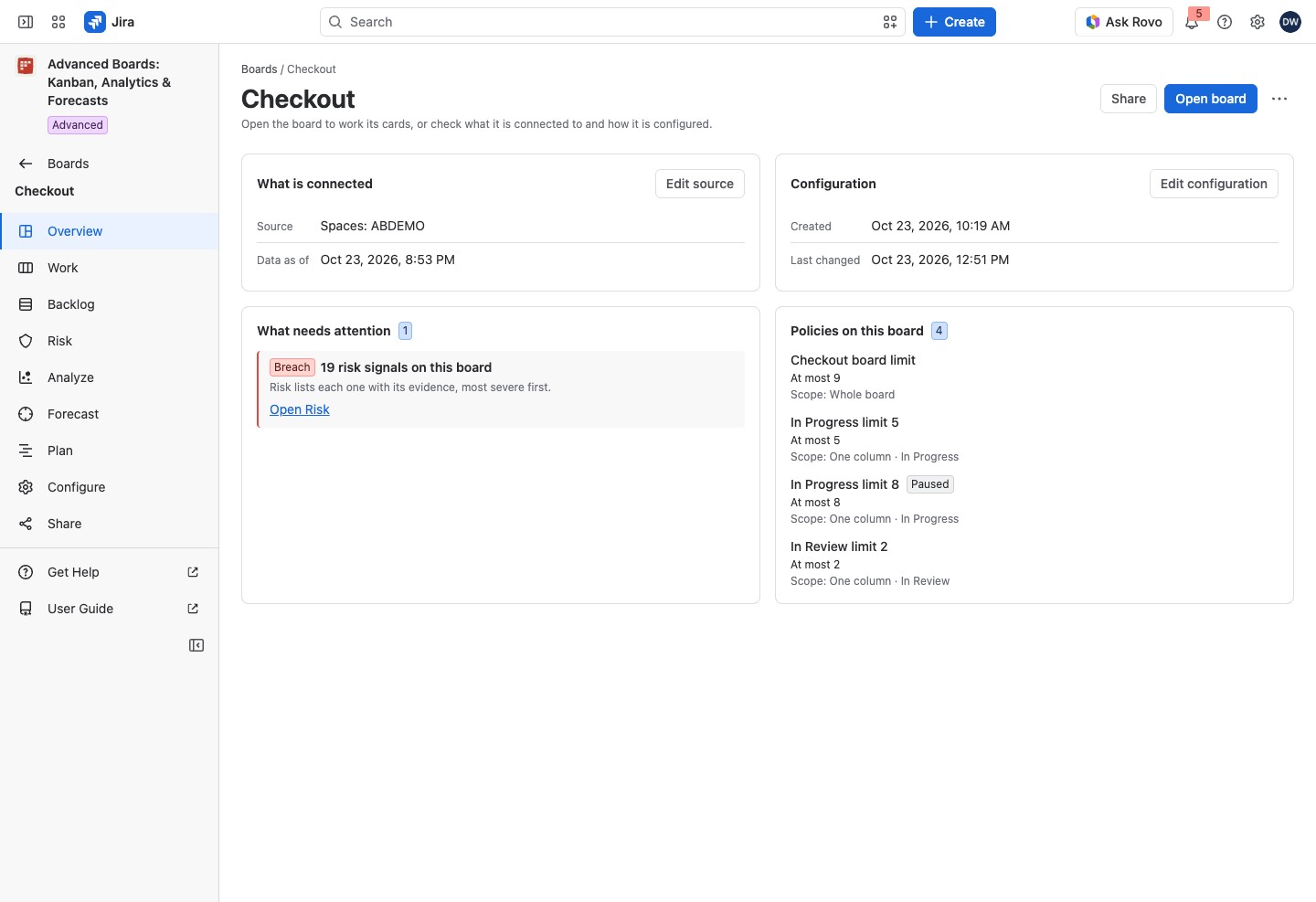 The Checkout Overview with its four cards in two rows, the policy card listing the board limit and the column limits.