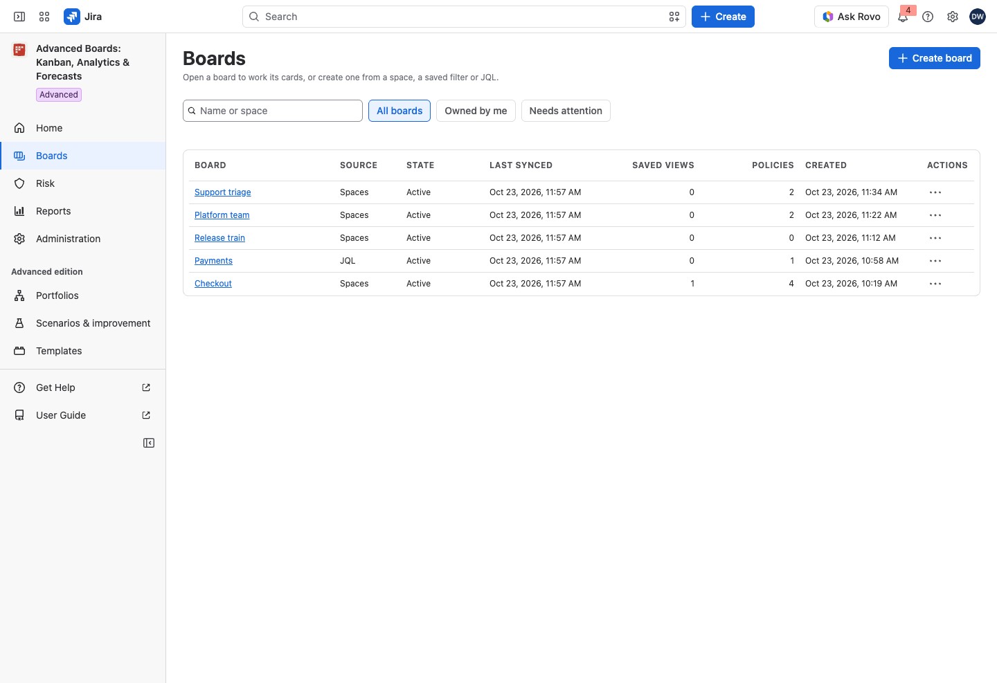 The Boards directory with Checkout, Payments, Platform team, Support triage and Release train, each with its source, state, last sync and counts.
