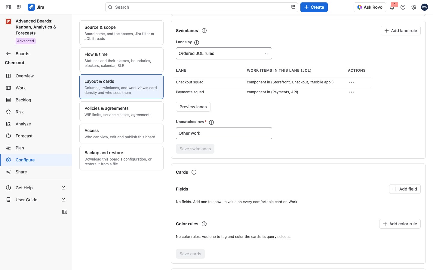 The Swimlanes card set to Ordered JQL rules, with the Checkout squad and Payments squad rules and the Other work unmatched row.