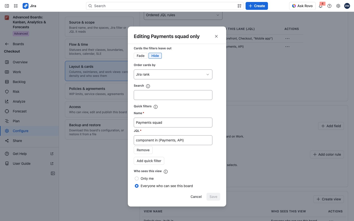 The view dialog for Payments squad only, with its sharing choice, density, card order and one quick filter.
