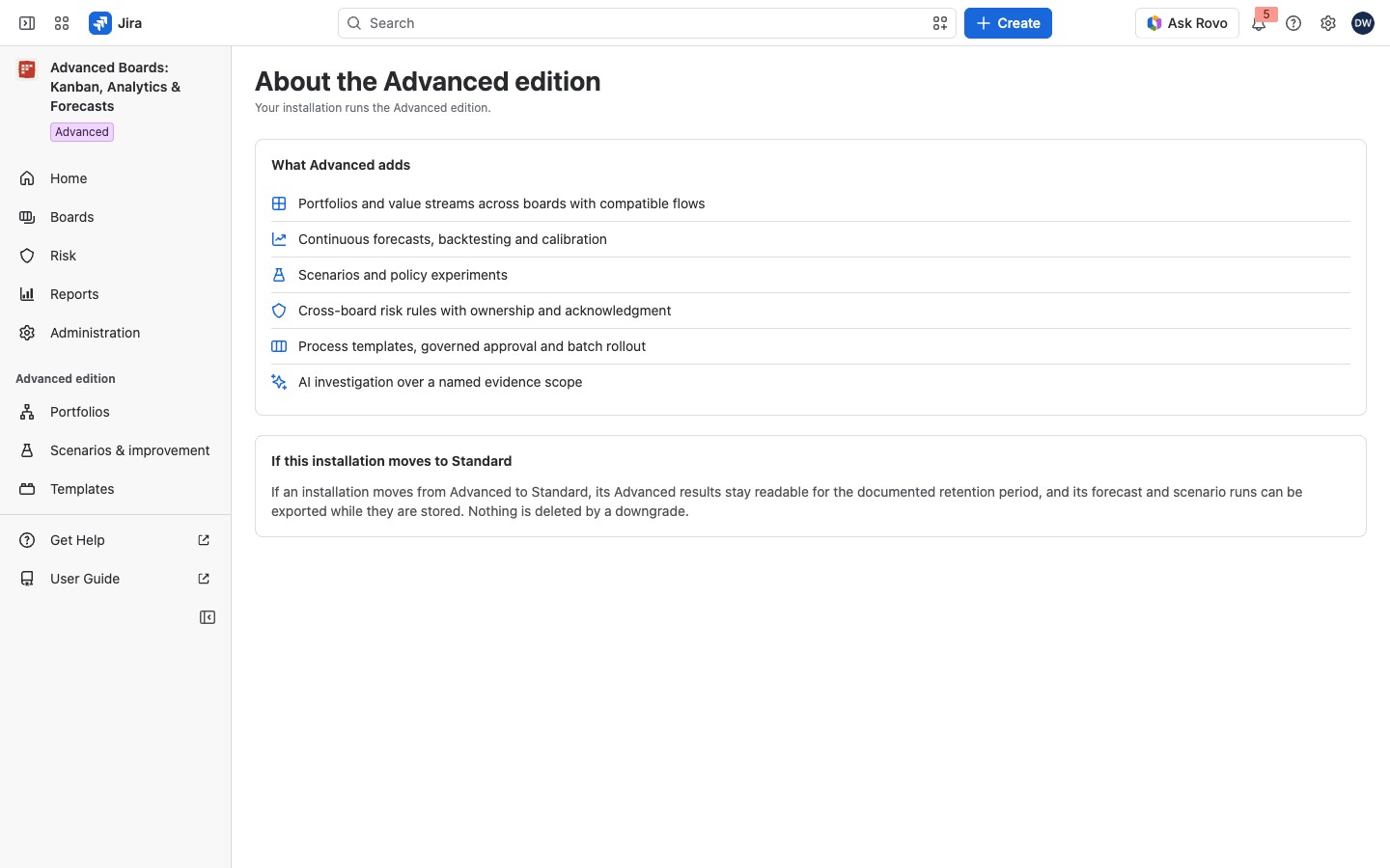The About the Advanced edition page with its edition sentence and the What Advanced adds card of six features.