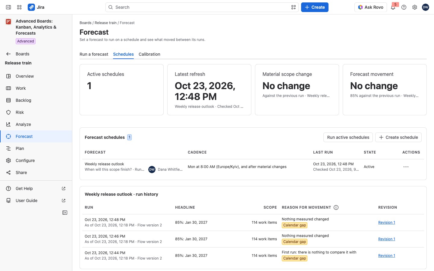 The Schedules tab of Release train with the Weekly release outlook row, its cadence, last run and state.