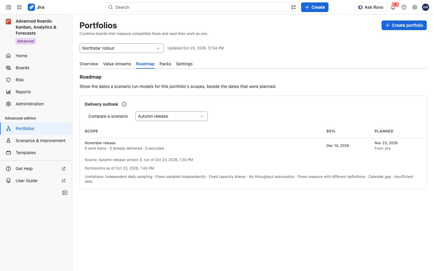 The Roadmap tab of Northstar rollout with the Delivery outlook card of the Autumn release scenario.