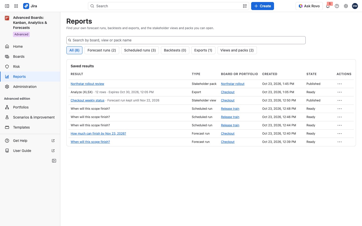 The Reports page with its search box, six type chips and a table of saved results from the Northstar boards.