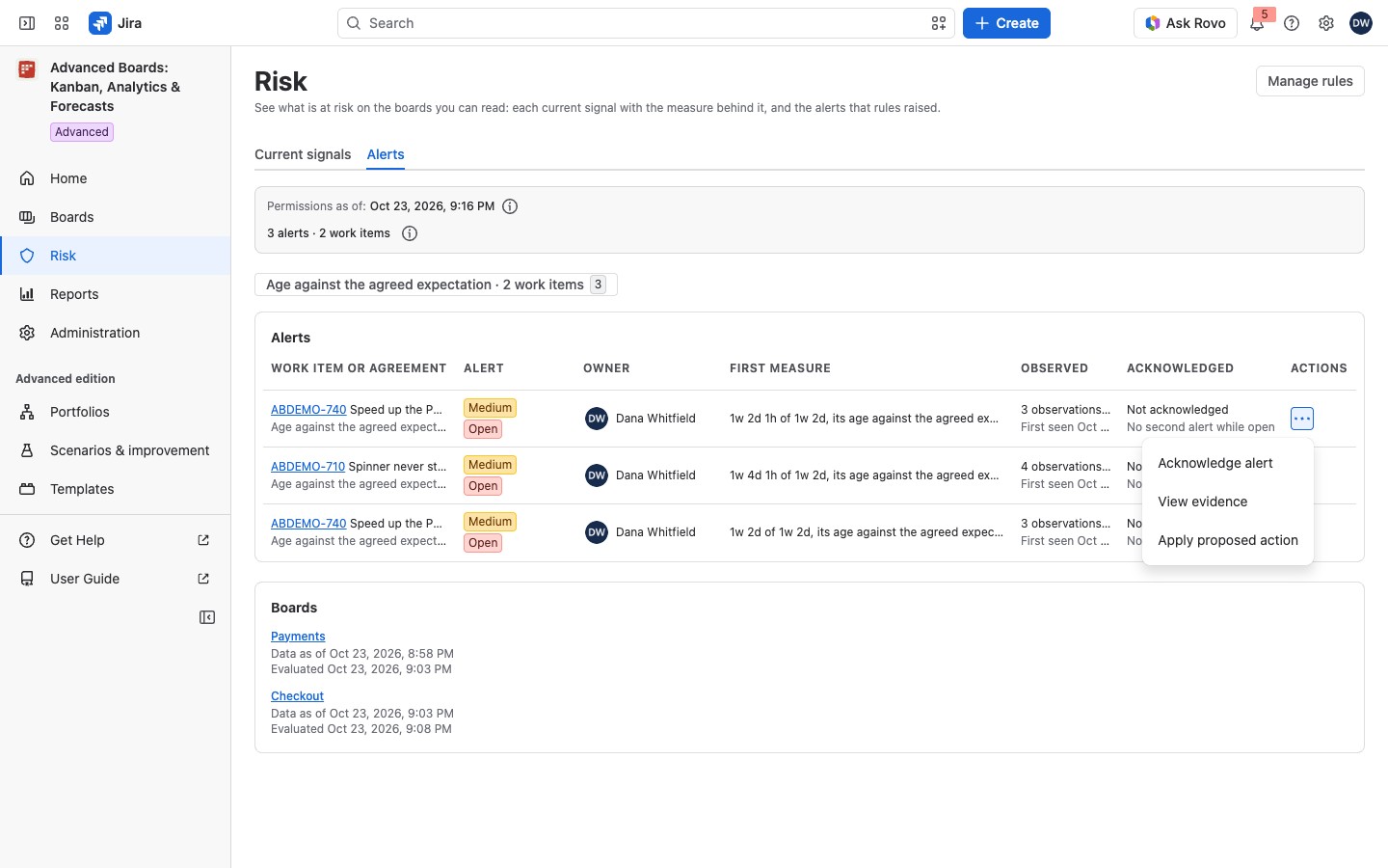 The Alerts tab listing alerts raised by Aging past the SLE on Checkout, with the actions menu of one row.