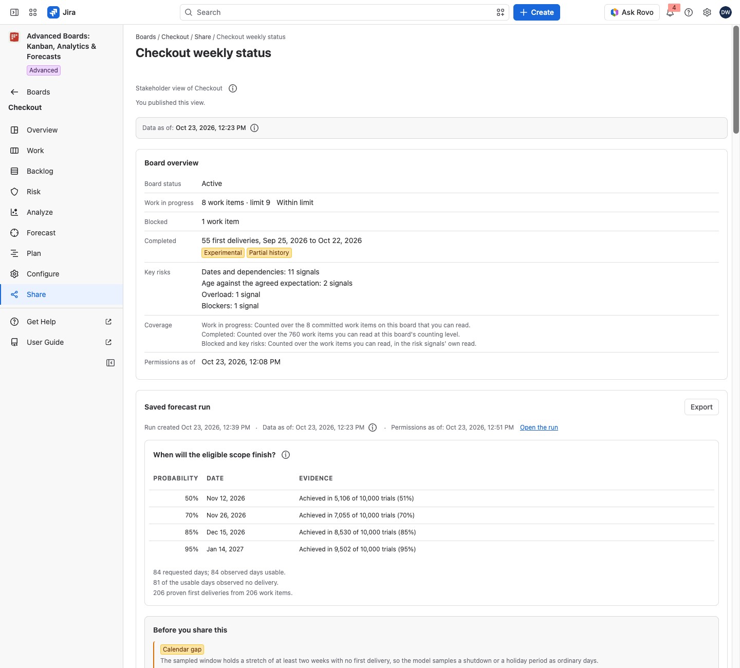 The opened stakeholder view with its name as the title, the line Stakeholder view of Checkout, the Board overview surface and the saved forecast run below it.