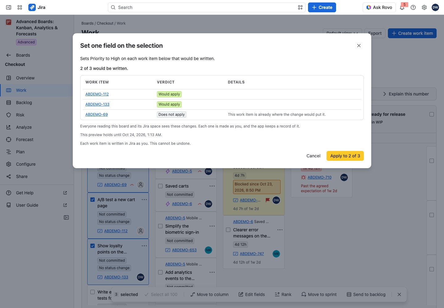 The Set one field on the selection dialog listing three Checkout work items, each with a verdict and, where one applies, a reason, above the Cancel and Apply buttons.