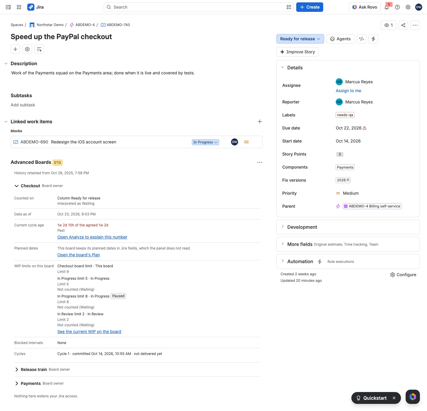 The Advanced Boards panel on a Jira work item, with one board's section open.