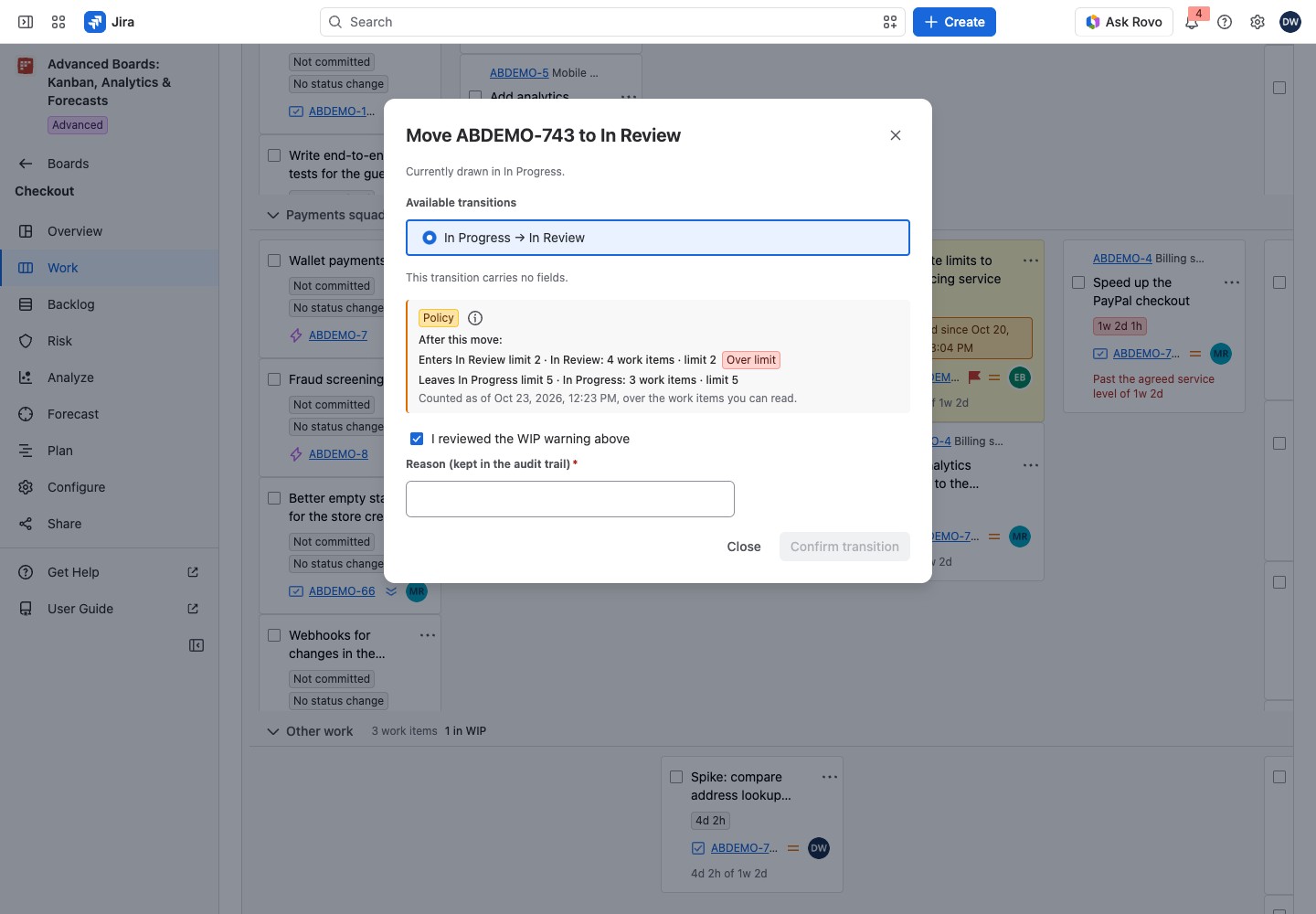 The move dialog for a Checkout work item heading to In Review, with the WIP warning, the acknowledgment box and the reason field.