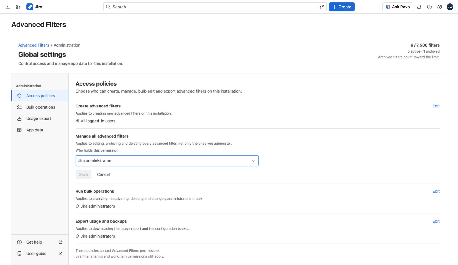 A grant open for editing, its mode set to Jira administrators and specific groups, with one group chip added.