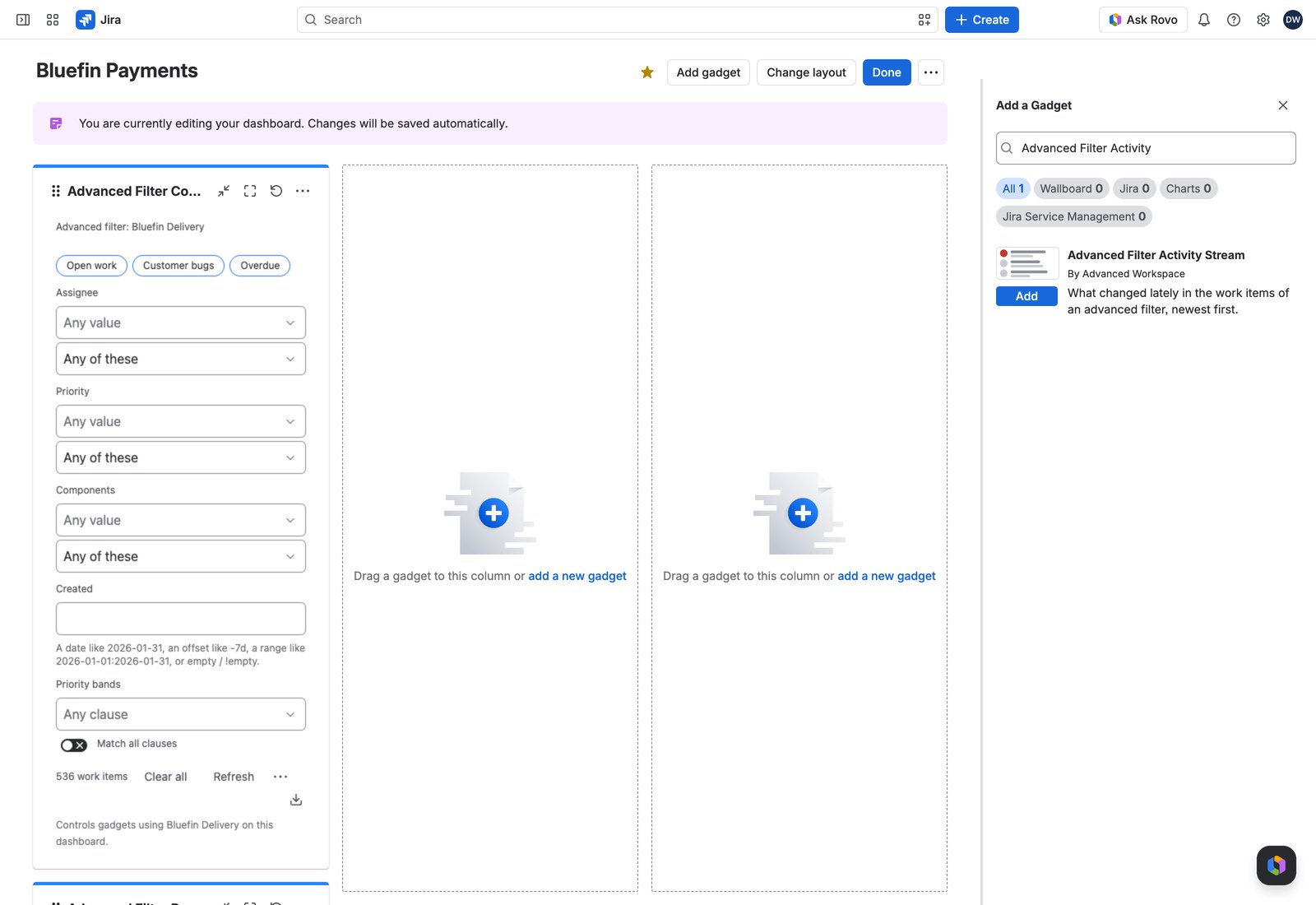 Jira's Add gadget dialog with the Activity Stream card in the search results.