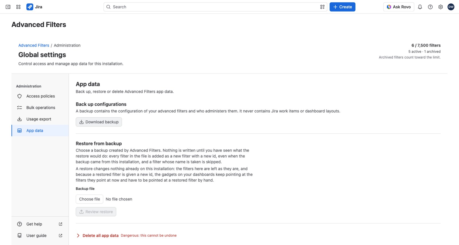 The Back up configurations section with its opening sentence, the Download backup button, and the flag confirming how many filters were backed up.