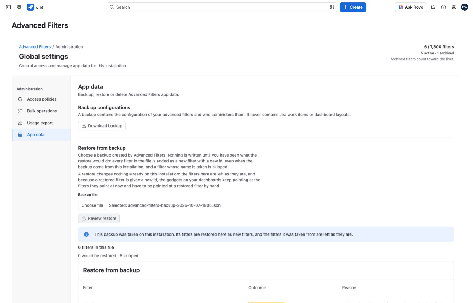 The Restore from backup section with its two opening sentences and, beneath them, a dry-run report in which every row reads Name already taken.