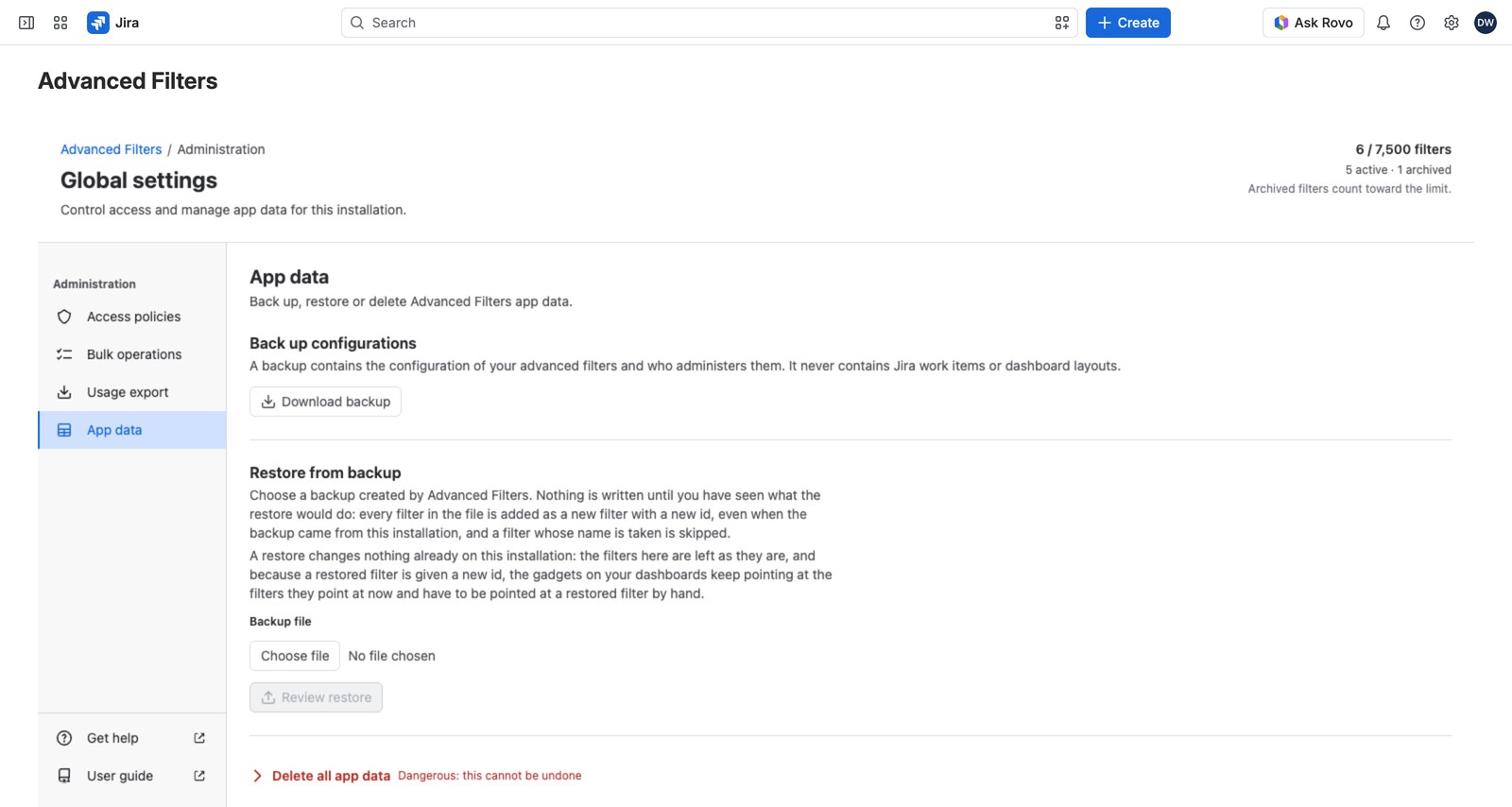 The red Delete all app data disclosure, collapsed, with its dangerous-and-irreversible hint beside the label.