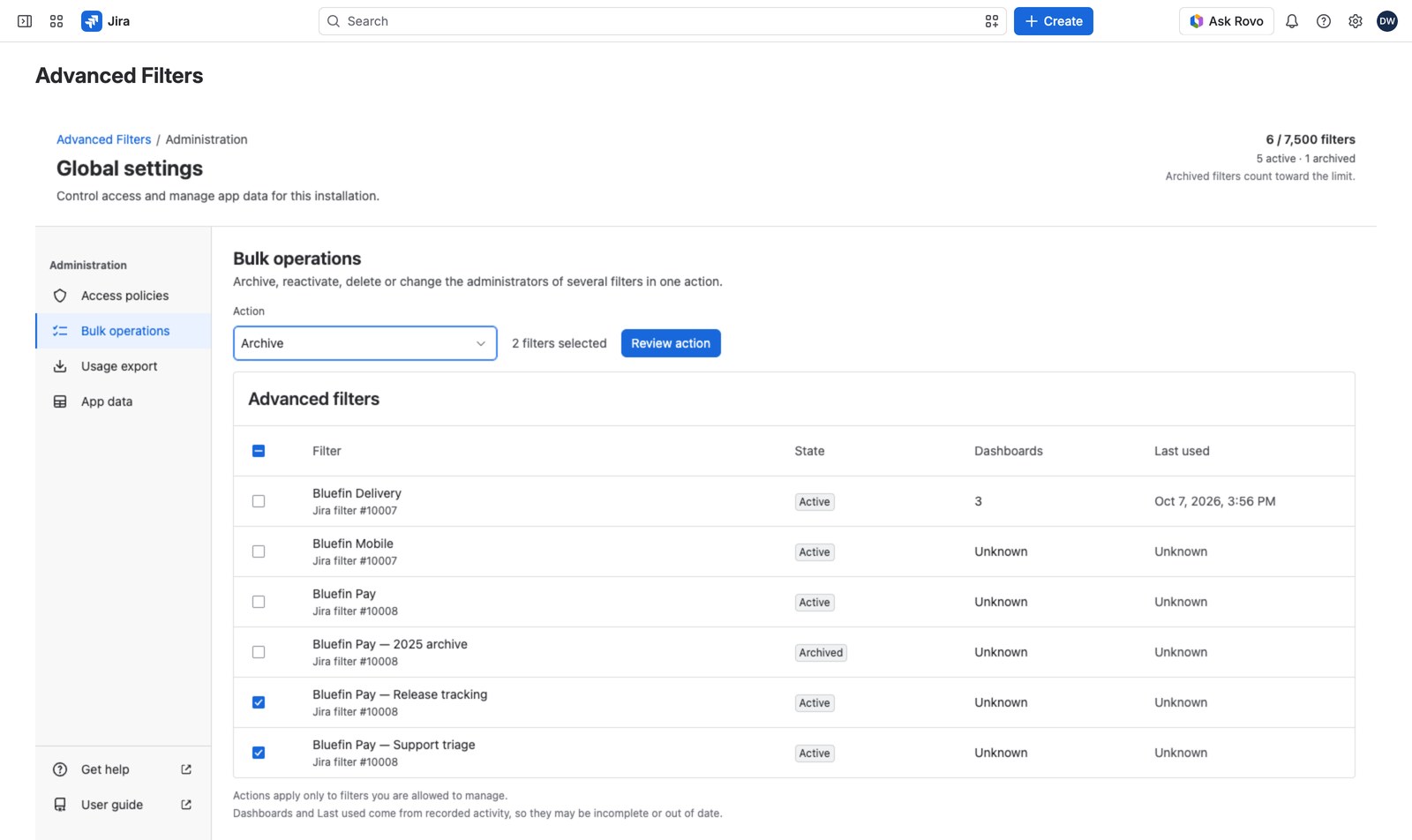 The Bulk operations table with Archive chosen above it and two filters selected.
