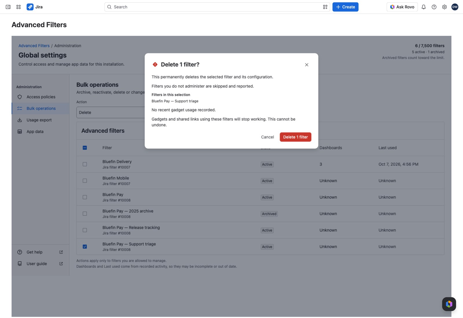 The delete confirmation dialog listing the selected filter, its recorded gadget usage and the closing sentence.