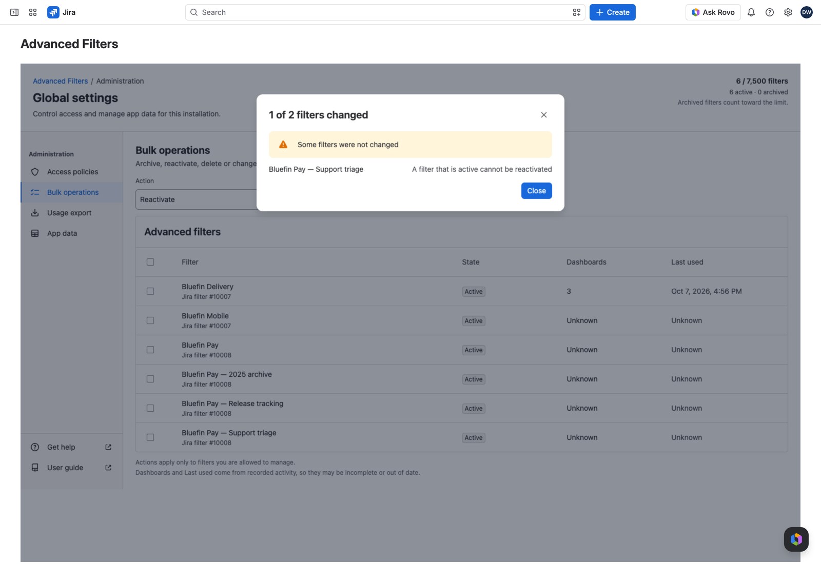 The result dialog titled 1 of 2 filters changed, with the unchanged filter and its reason beneath it.