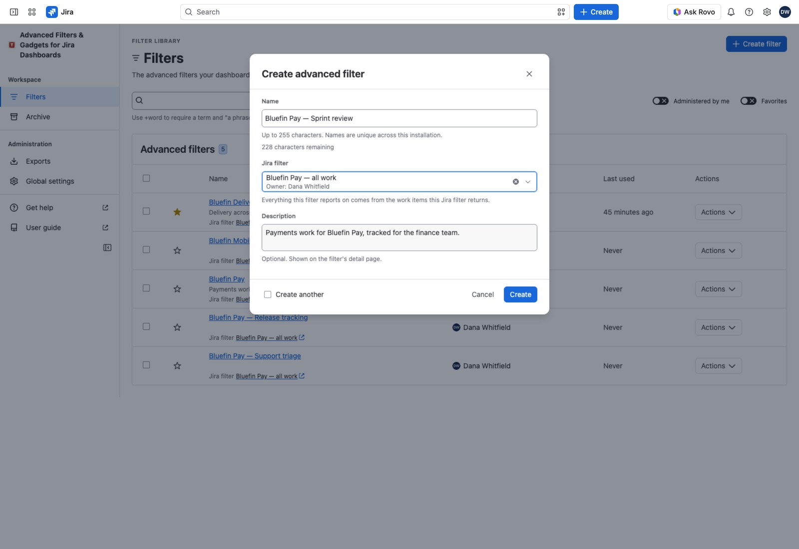 The Create filter form with a name, a chosen Jira filter and a description filled in.