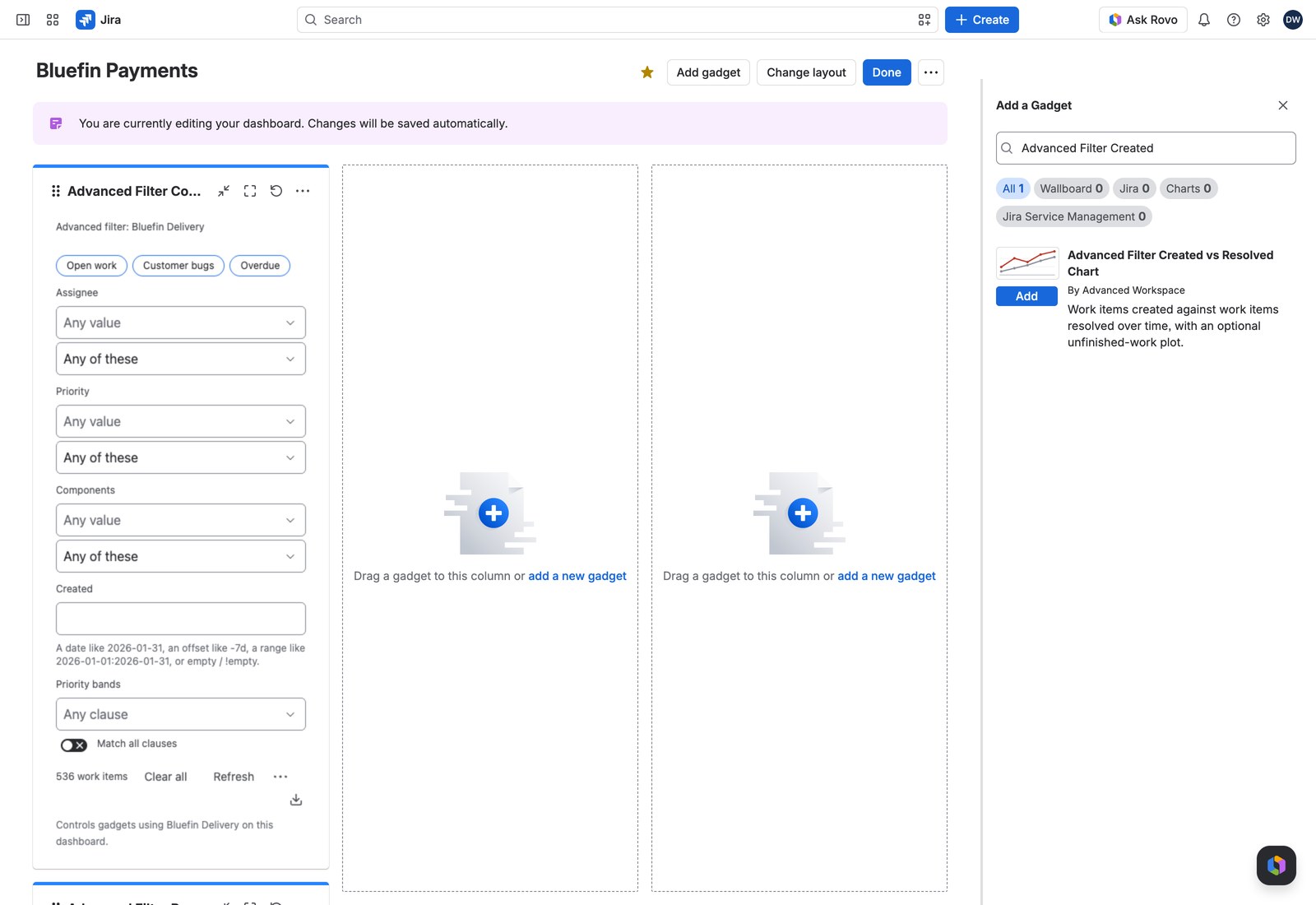 Jira's Add gadget dialog with the Created vs Resolved Chart card in the search results.