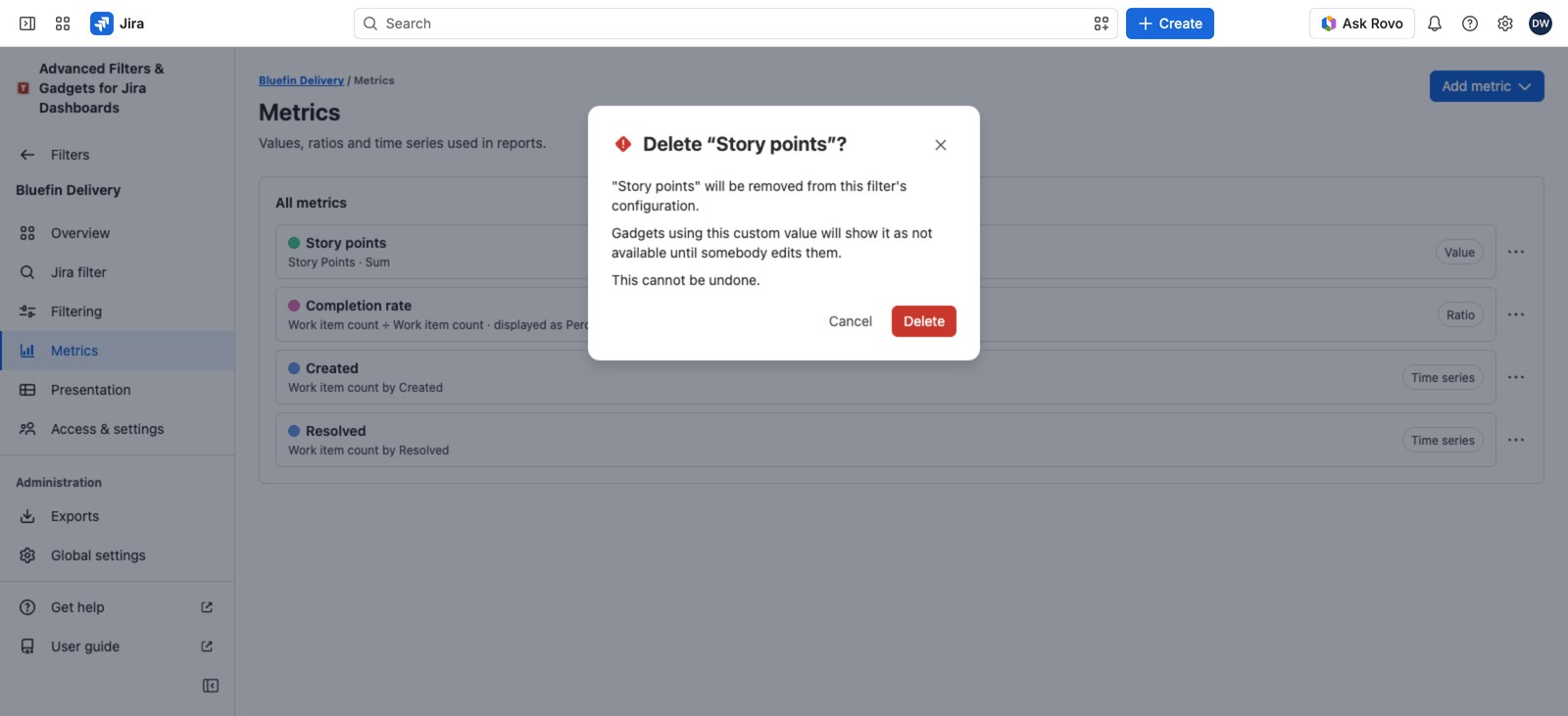 The delete confirmation for a custom value, naming the gadget recorded using it, with Delete anyway.