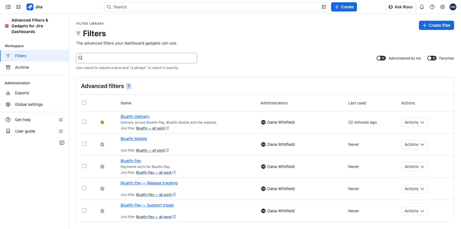 The Filters list, each row carrying a name, a description, its Jira filter line, an administrator chip and a Last used date.