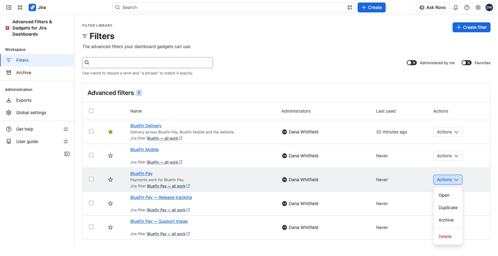 The Actions menu open on a row, listing Open, Duplicate, Archive and Delete behind a separator.