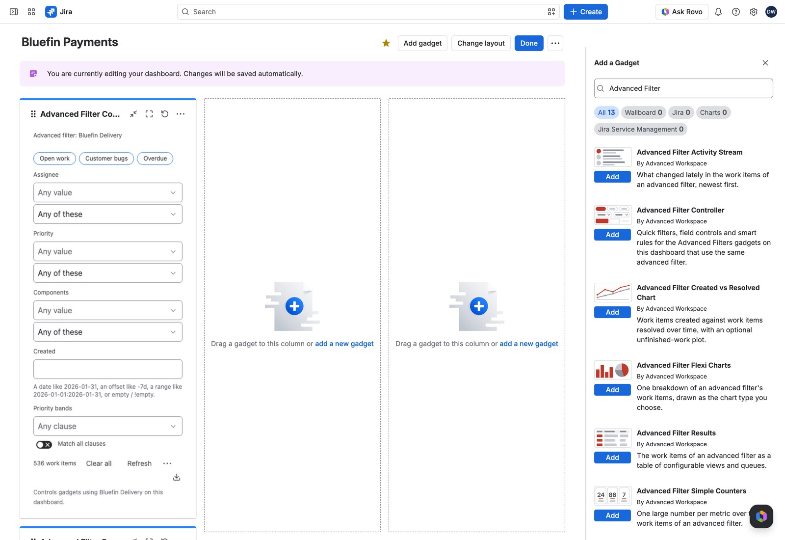 Jira's Add gadget panel searched for Advanced Filter, with Results and Controller among the results.