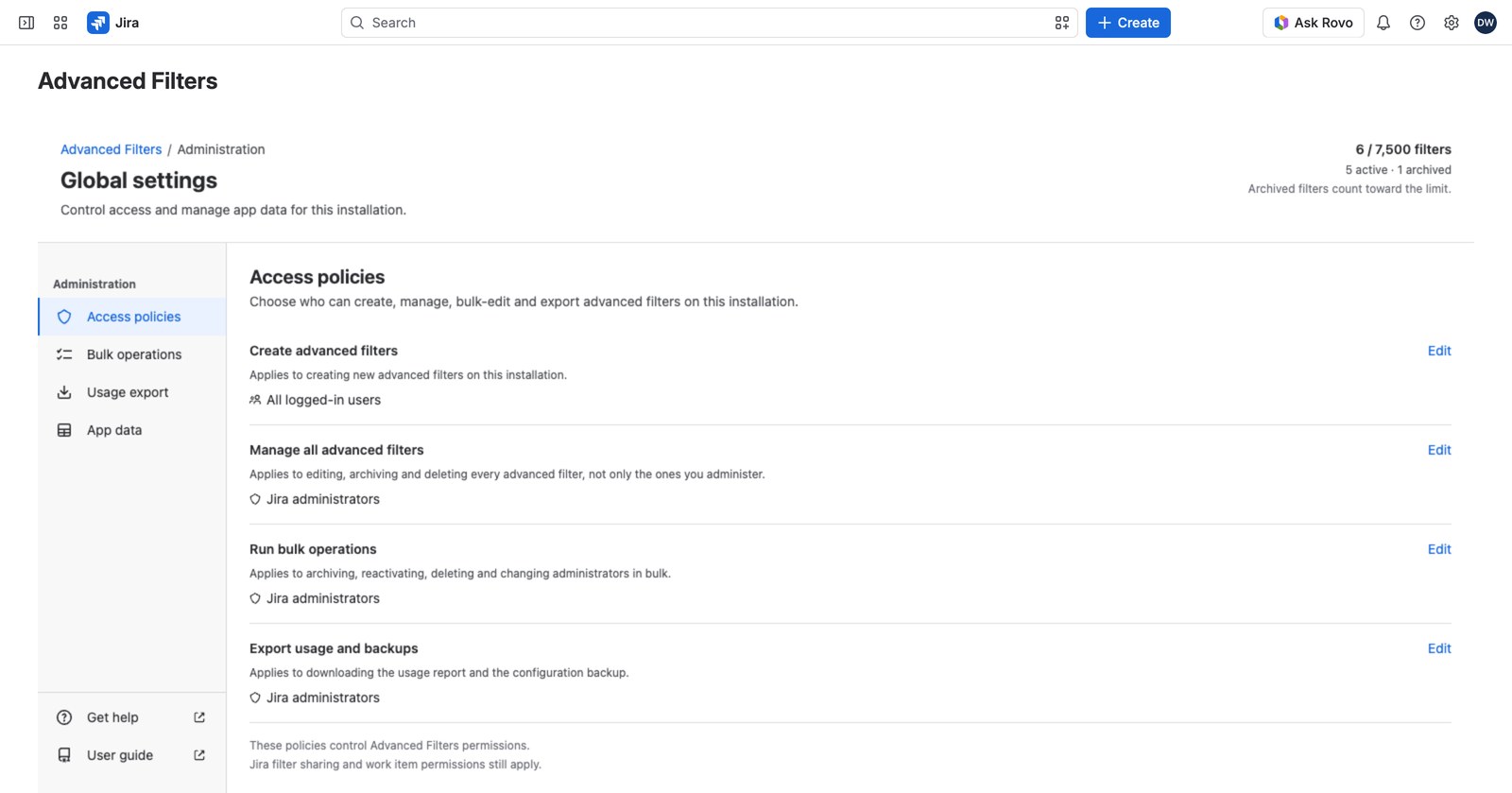 Global settings: the breadcrumb, the capacity line, and the four panels in the side menu.