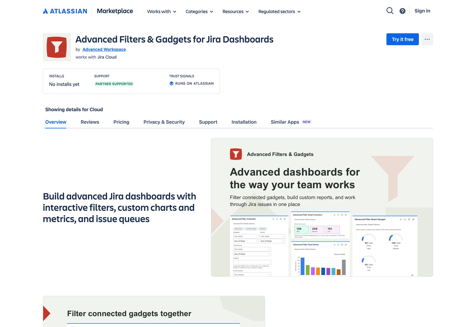 The Advanced Filters & Gadgets for Jira Dashboards listing on the Atlassian Marketplace, showing the Runs on Atlassian trust signal and the Try it free button.