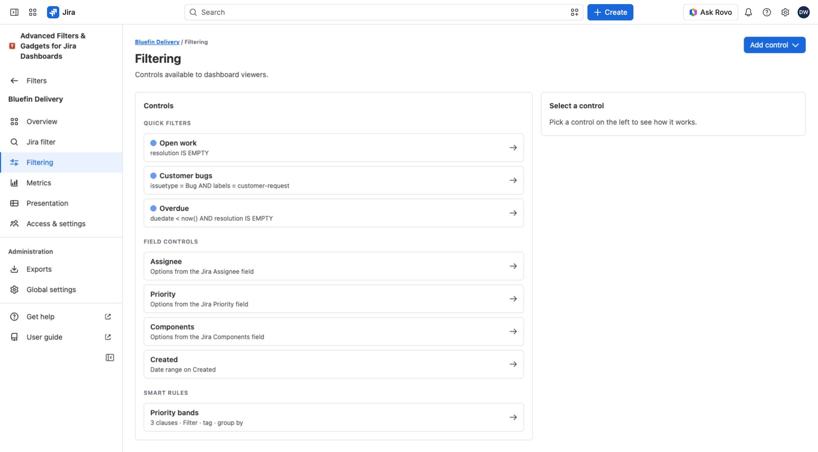 The Controls catalog with quick filters, field controls and smart rules under their three headings.