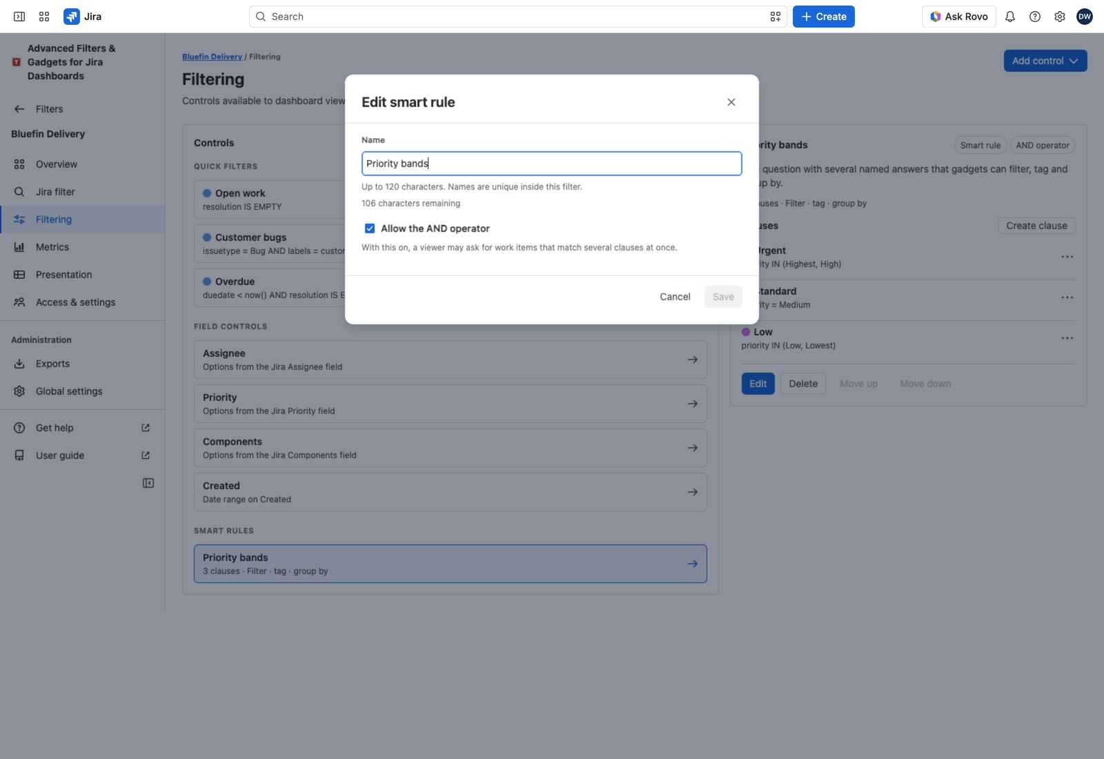 A smart rule's detail pane with three named clauses and the Allow the AND operator toggle.