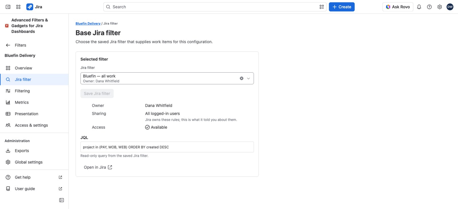 The Selected filter card with the filter's owner, its sharing rules and the Open in Jira link.