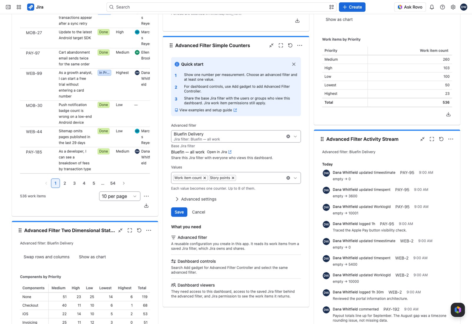 The Simple Counters configuration form with its Values picker open.
