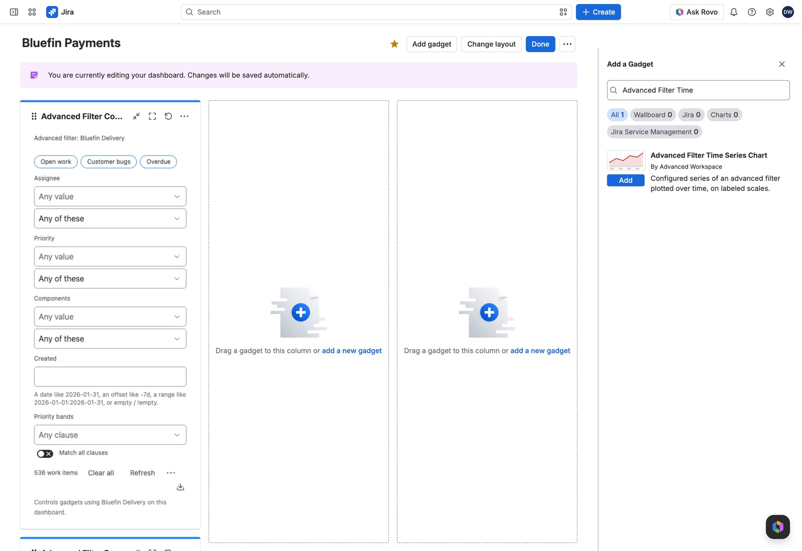 Jira's Add gadget dialog with the Time Series Chart card in the search results.