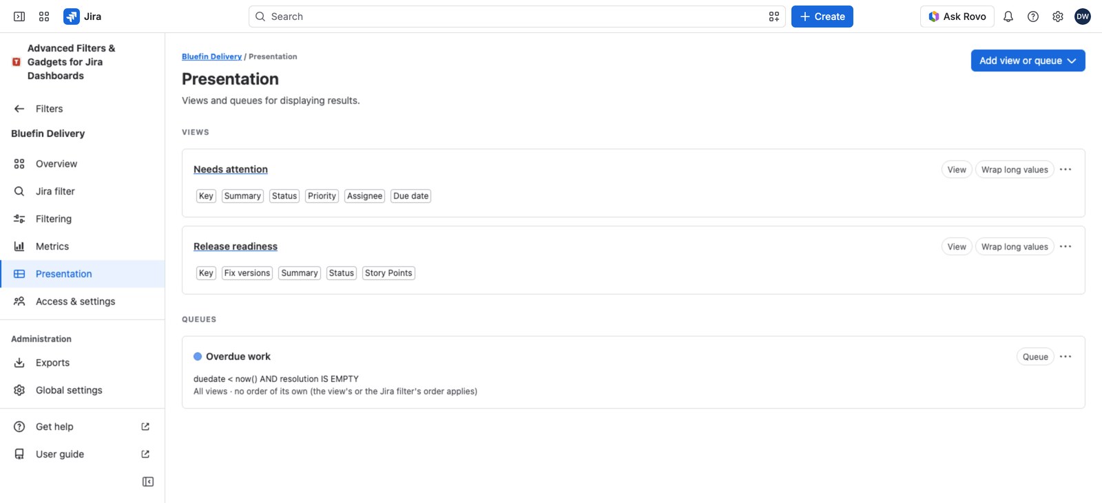 The Presentation section, view cards above the Queues heading and its empty state.
