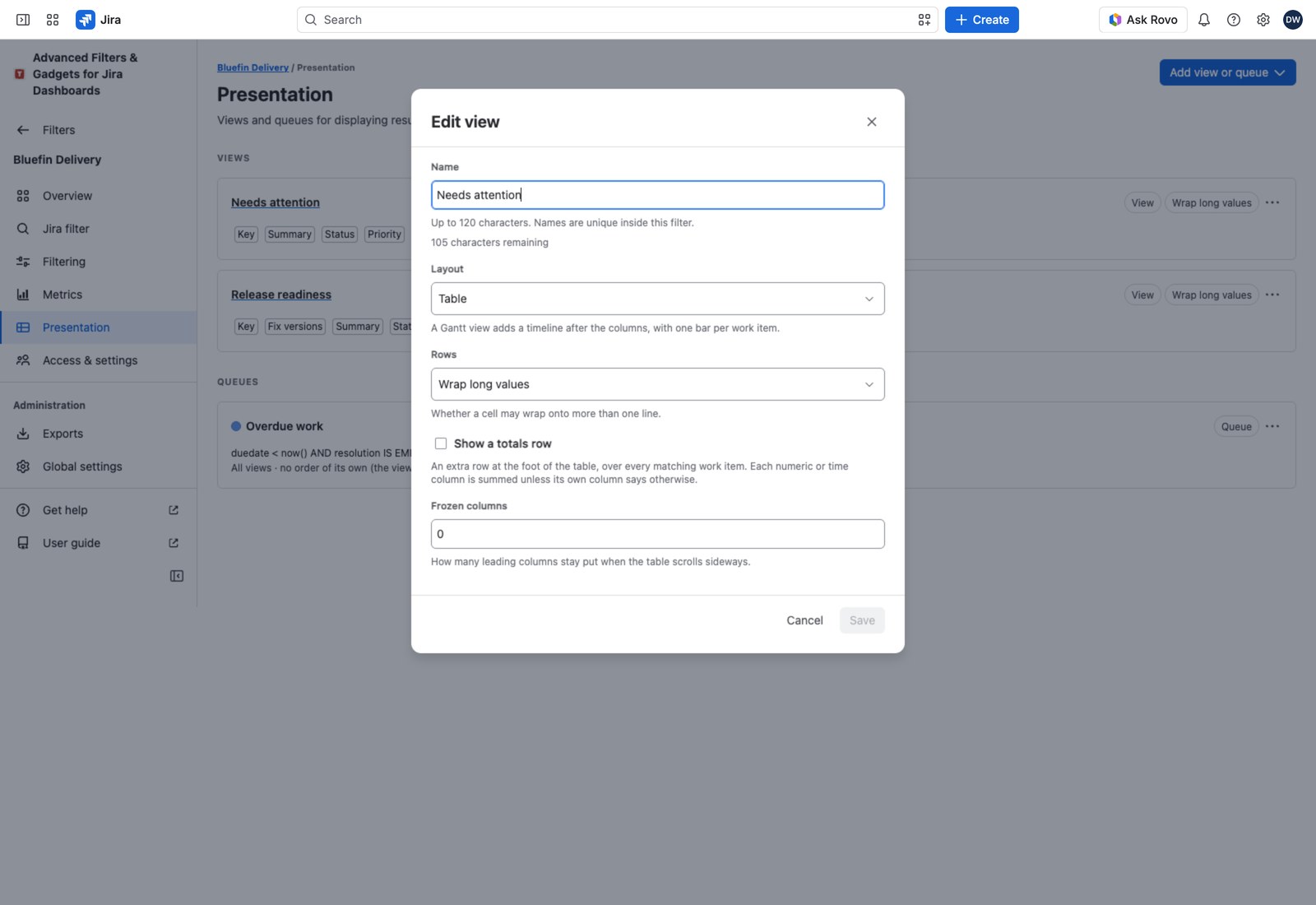 A view's settings form with its layout, row wrapping, totals row and frozen-column count.