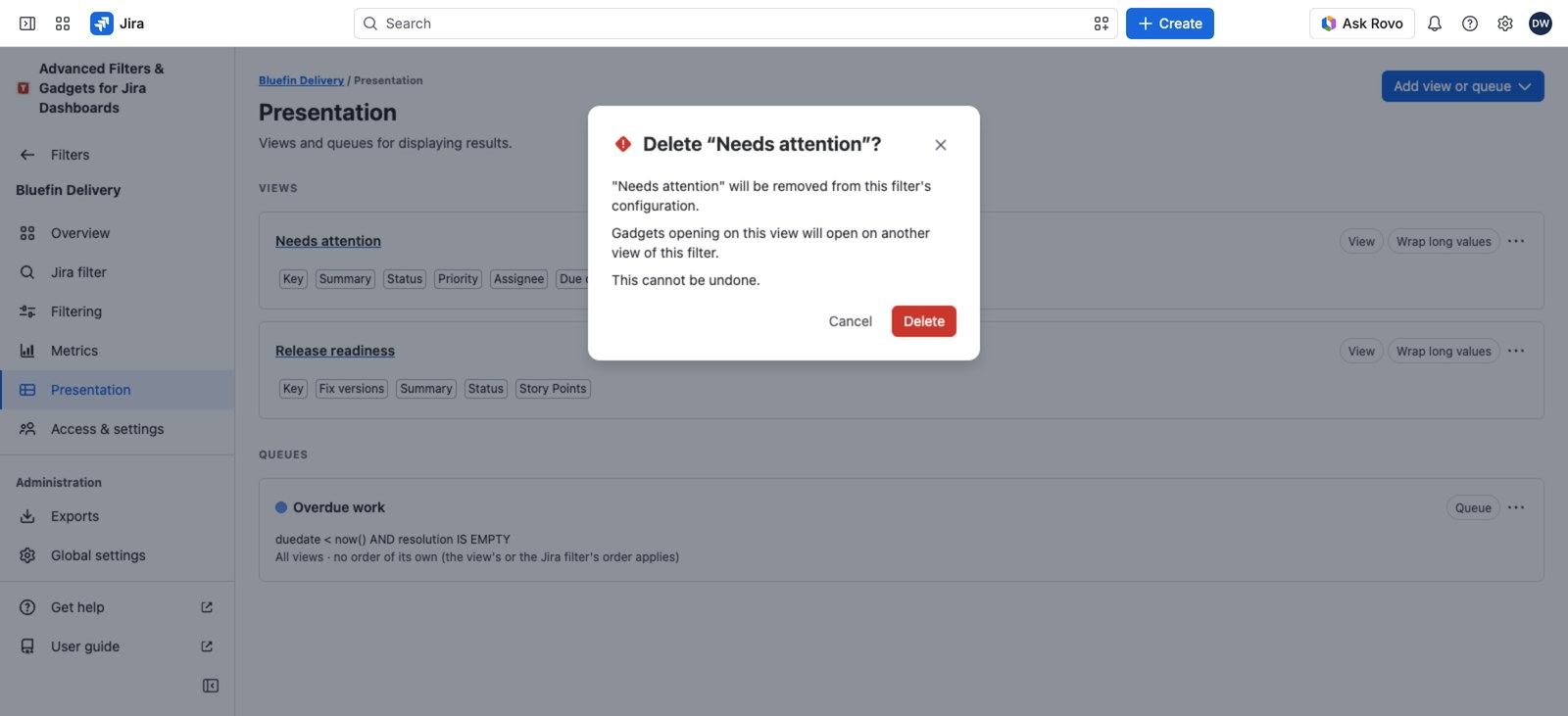 The delete confirmation for a view, naming the Results gadget recorded using it.